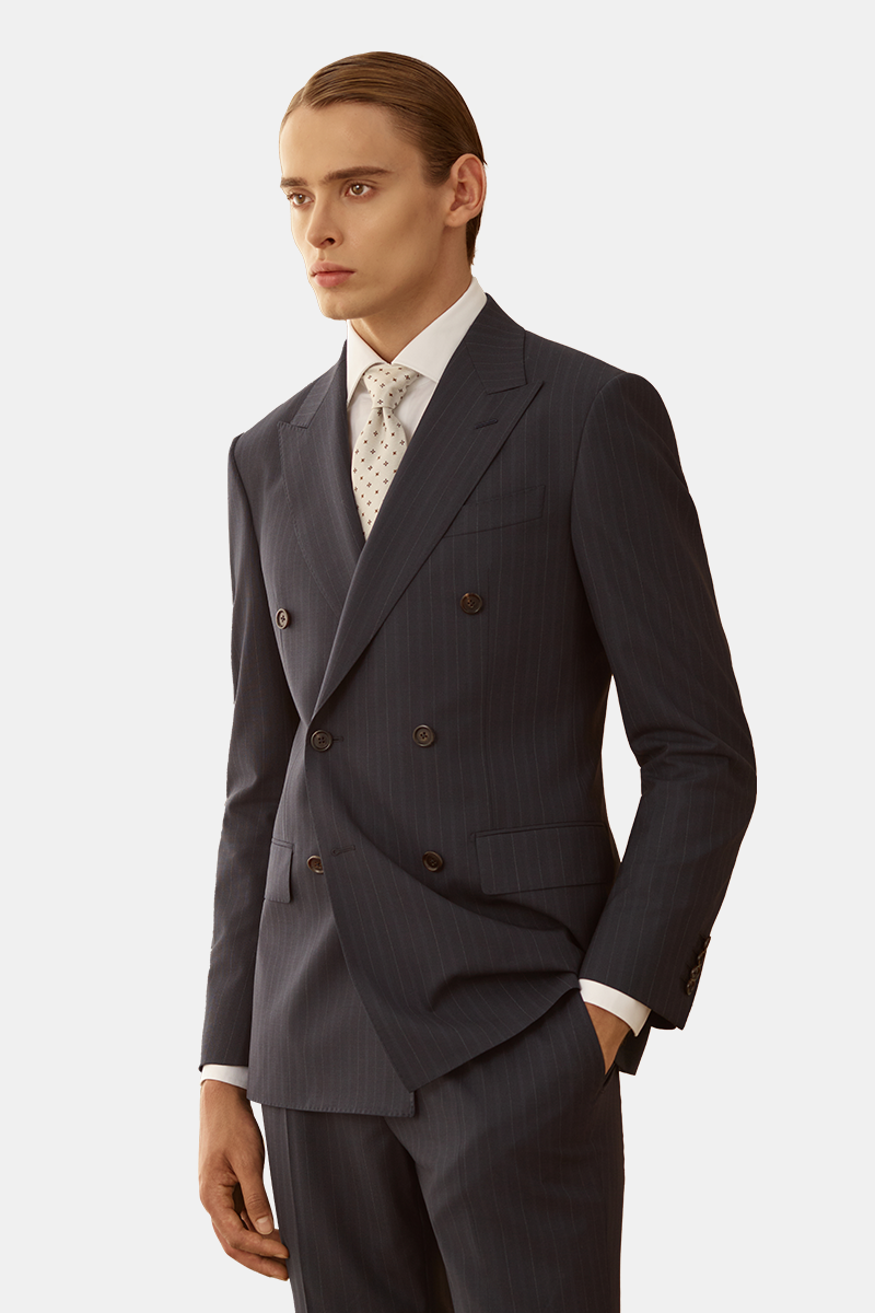 Navy Chalk Stripe Two-Piece Suit with Blue Piping