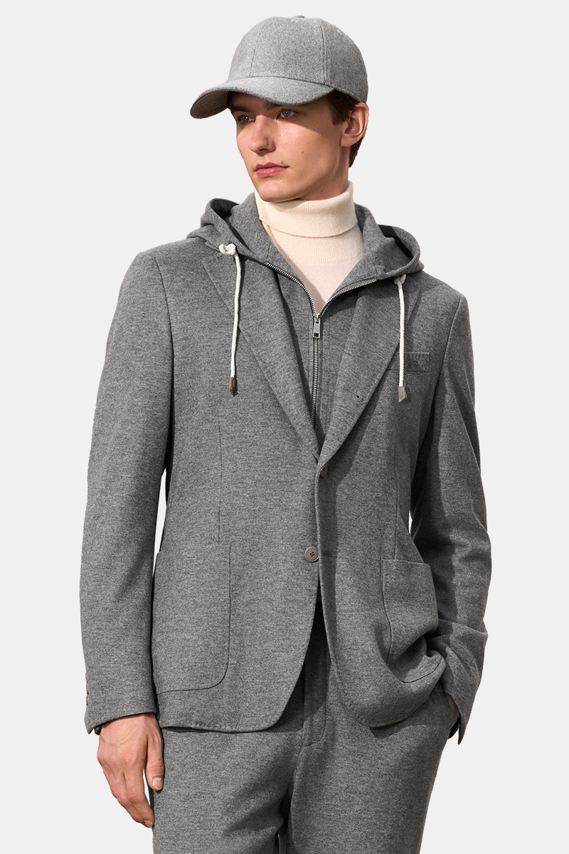 Gray Single‑Breasted Two‑Piece Suit with Detachable Hood