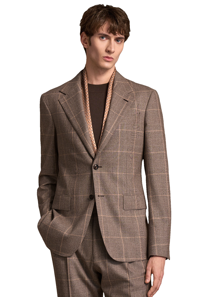 Brown Checked Wool‑Cashmere‑Blend 2‑Button Two‑Piece Suit