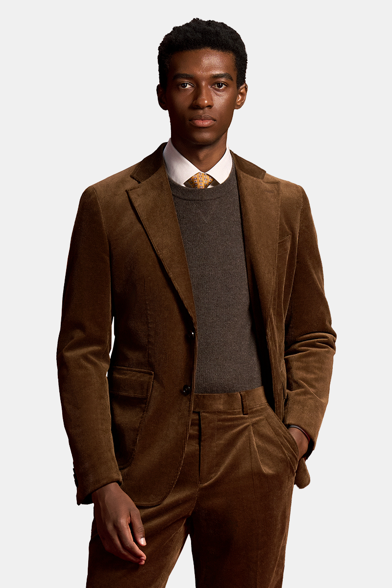 Tan Cotton‑Elastane Fused Single‑Breasted Two‑Piece Suit