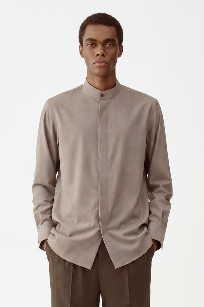 Brown Modal‑Polyester Stand‑Collar Men's Shirt