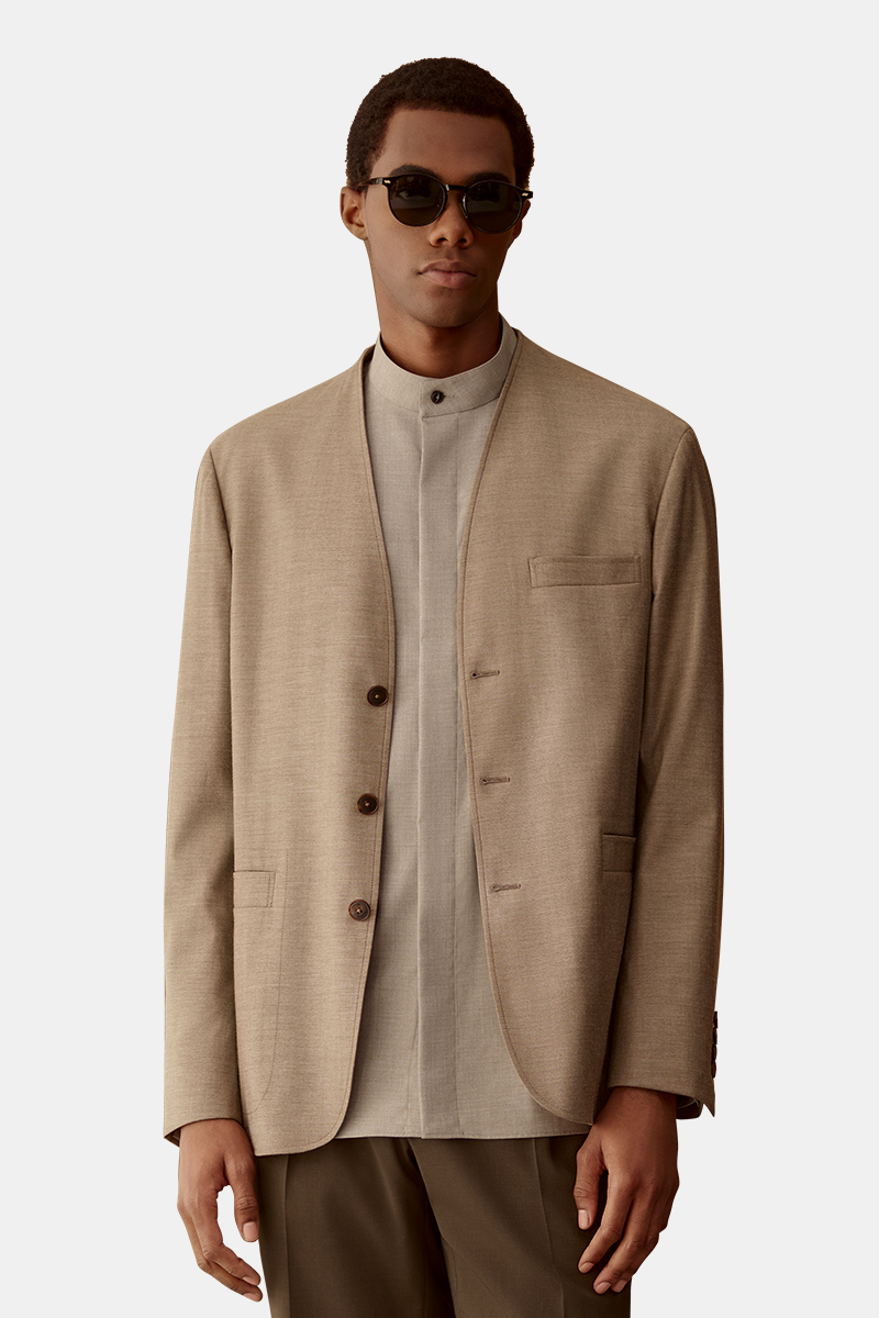 Brown Wool‑Viscose Collarless Fused Wrinkle Resistant Blazer
