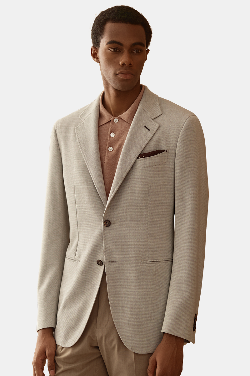 Beige Wool‑Spandex Single‑Pleated Blazer