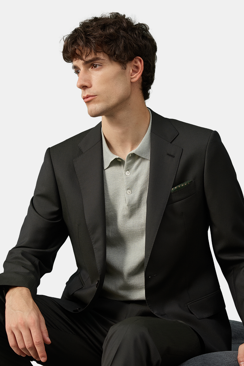 Green Fine‑Herringbone Pure‑Wool Half‑Canvas Two‑Piece Suit