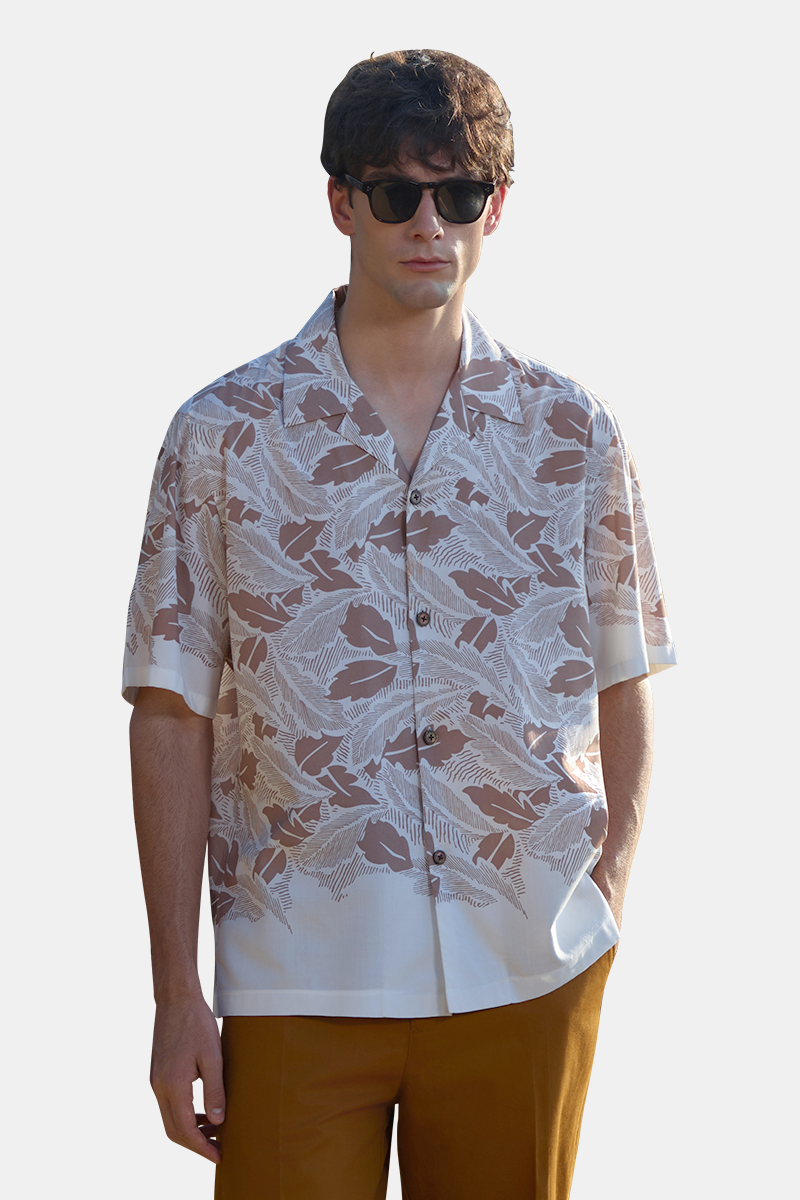 Brown Rayon‑Tencel Printed Cuban‑Collar Leisure Shirt