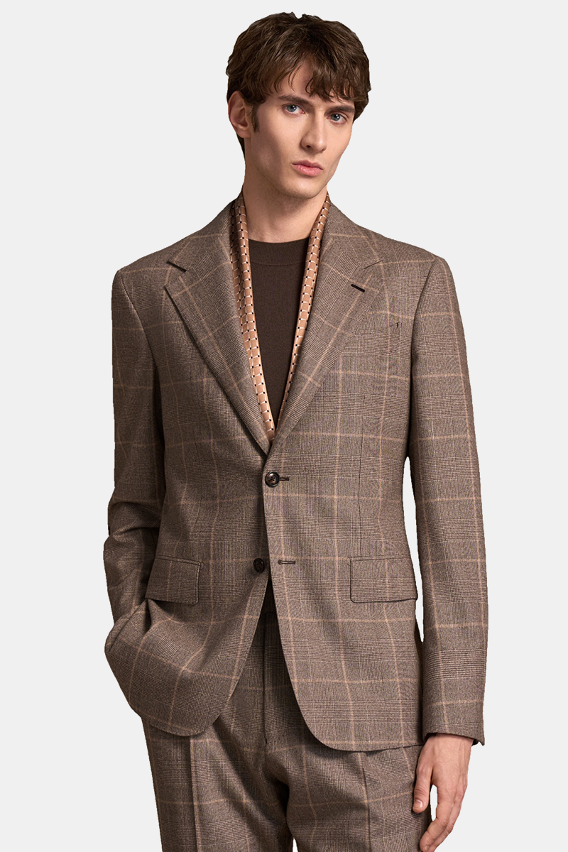 Brown Checked Wool‑Cashmere‑Blend 2‑Button Two‑Piece Suit