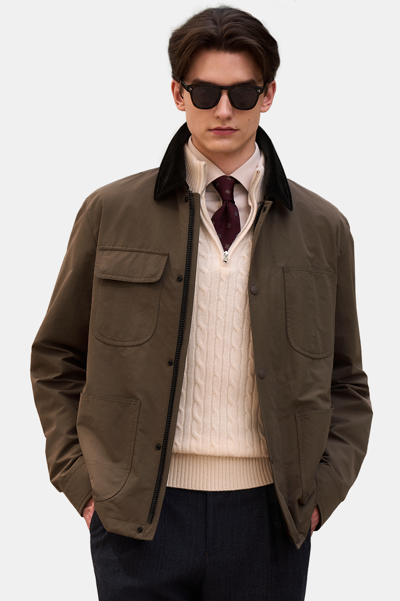 Brown Turn‑Down Collar with Center Zip Jacket