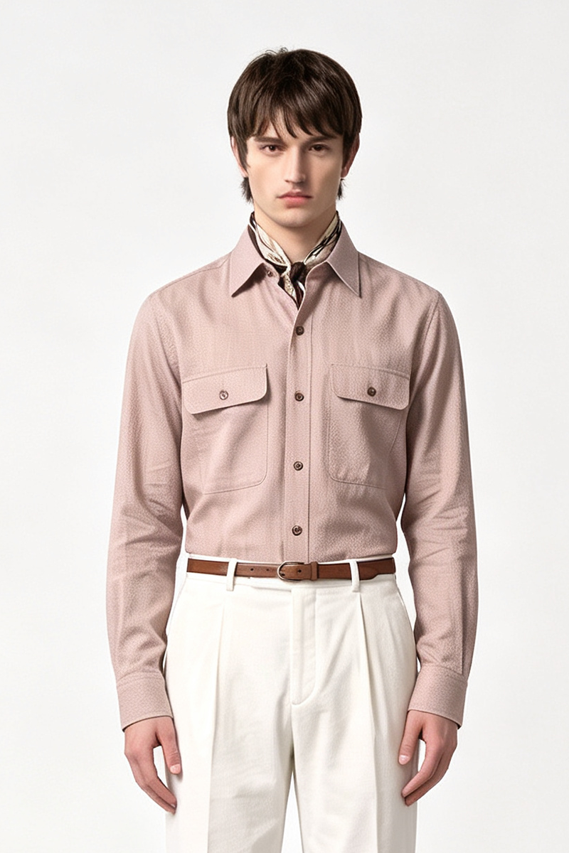Light Brown Cotton 6‑Button Spread Collar Shirt