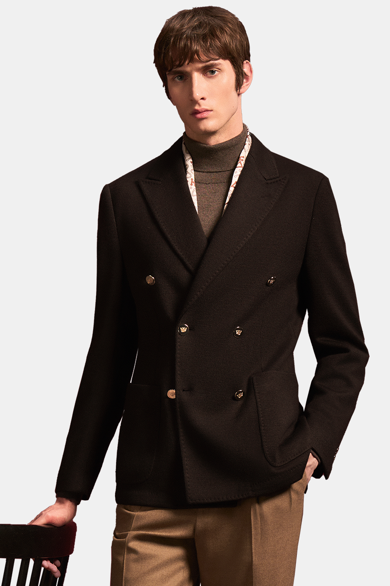 Dark Brown Polyester‑Wool‑Polyamide Fused Double‑Breasted Blazer