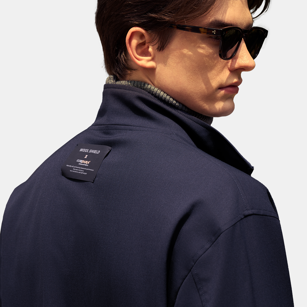 Navy Covered‑Zip Stand Collar Jacket