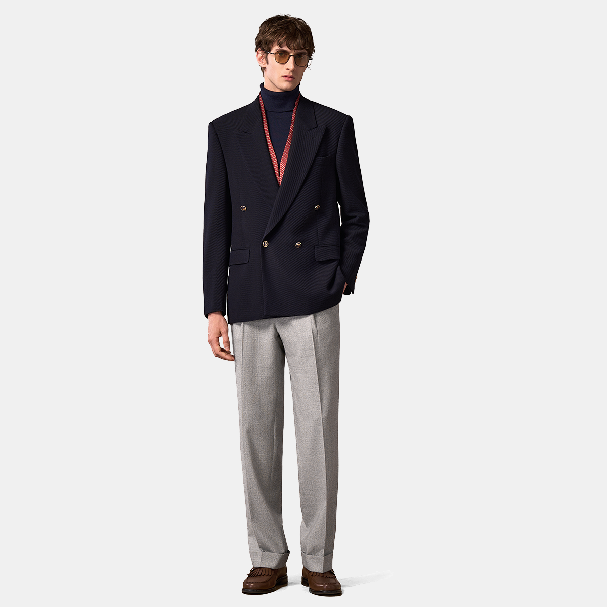 Navy Wool‑Polyamide‑Elastane Fused Double‑Breasted Blazer