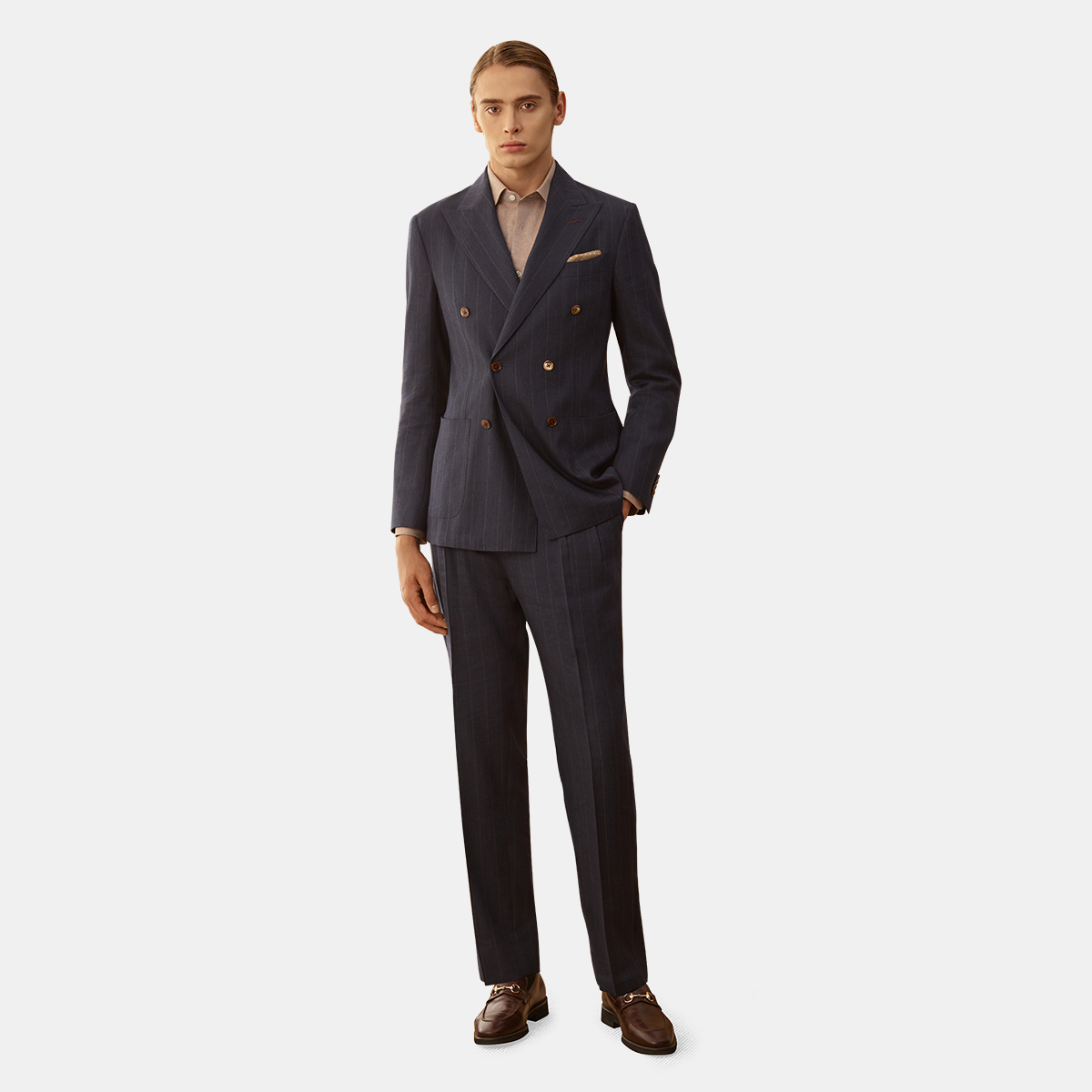 Navy Linen‑Wool Shadow Stripe Two‑Piece Suit