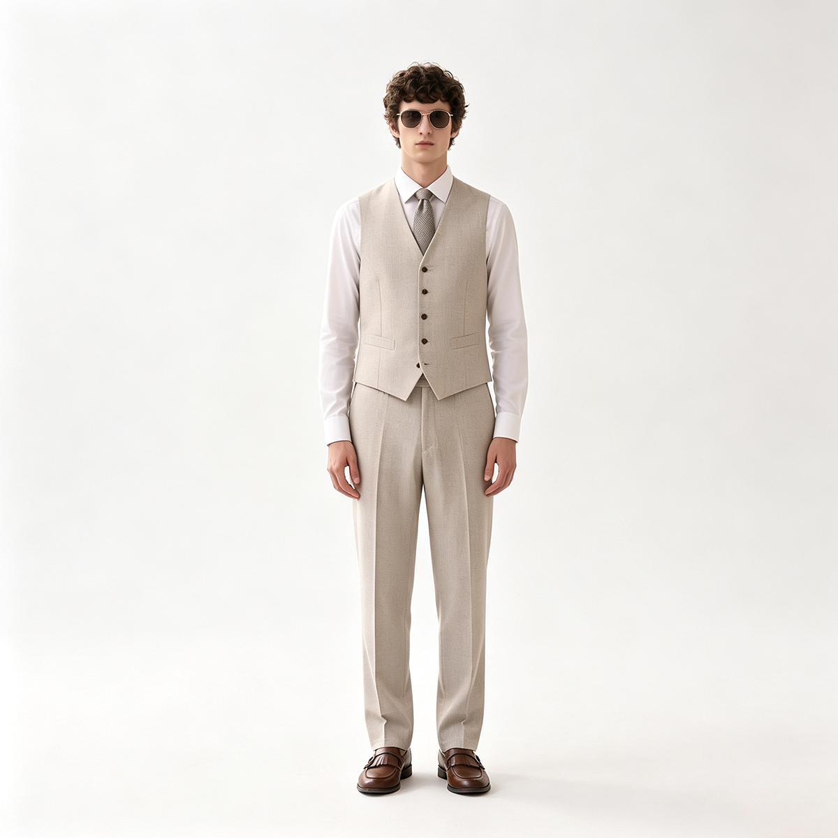 Light Camel Wool Ultra‑Thin Half‑Canvas Double‑Breasted Two‑Piece Suit