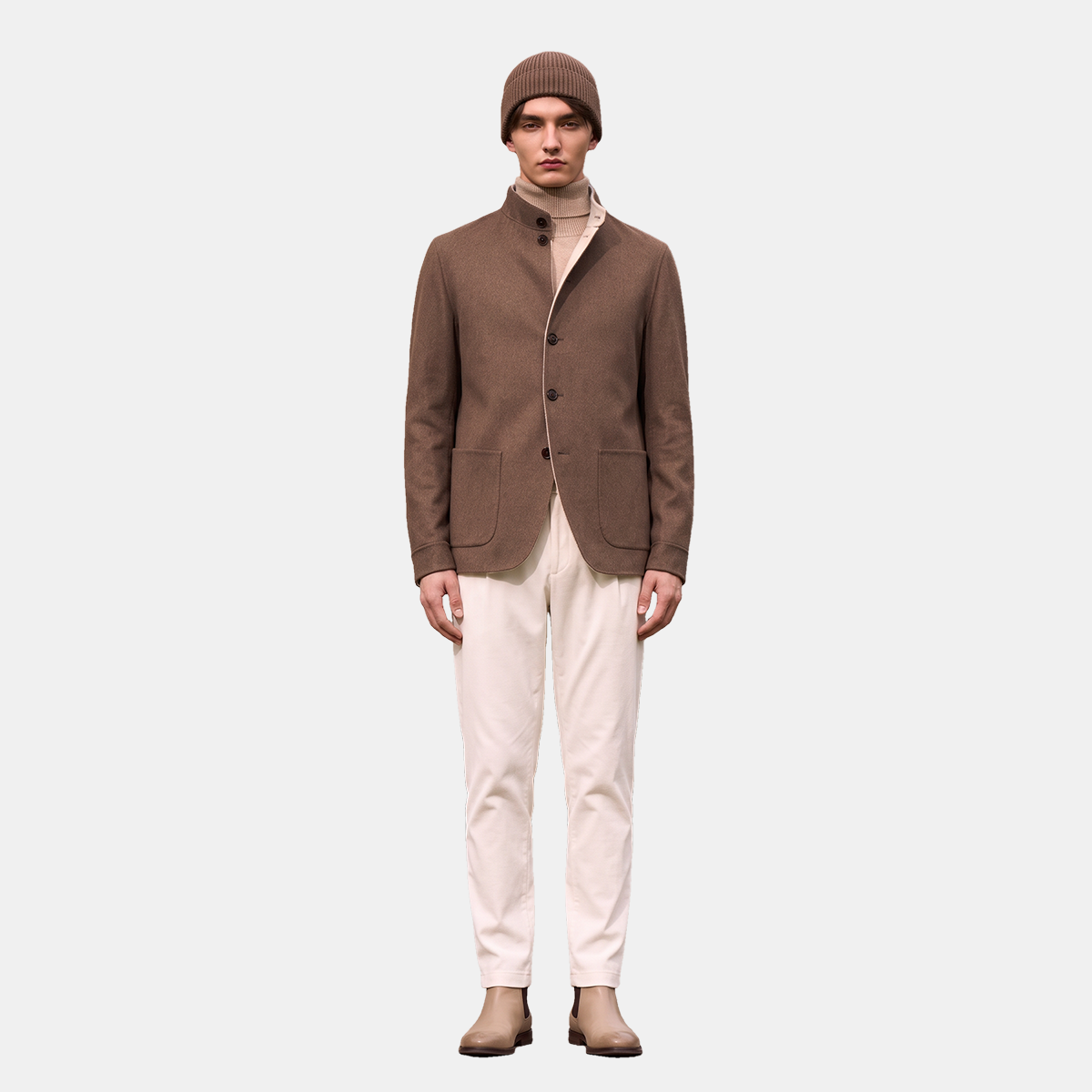 Brown Single‑Breasted Double‑Faced Wool‑Silk Stand Collar Jacket