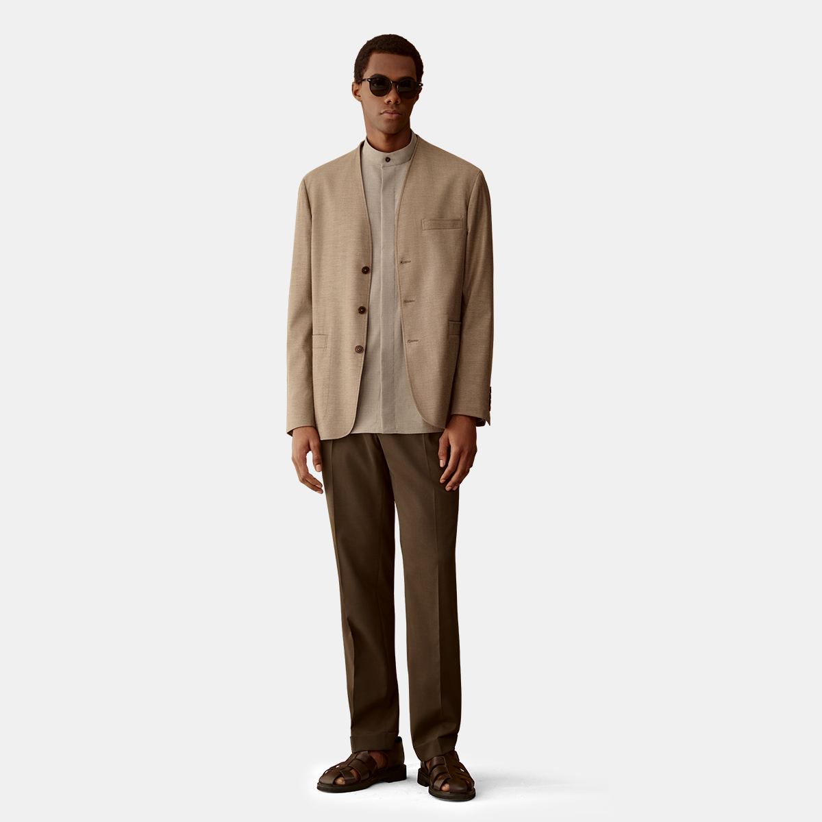 Brown Wool‑Viscose Collarless Fused Wrinkle Resistant Blazer