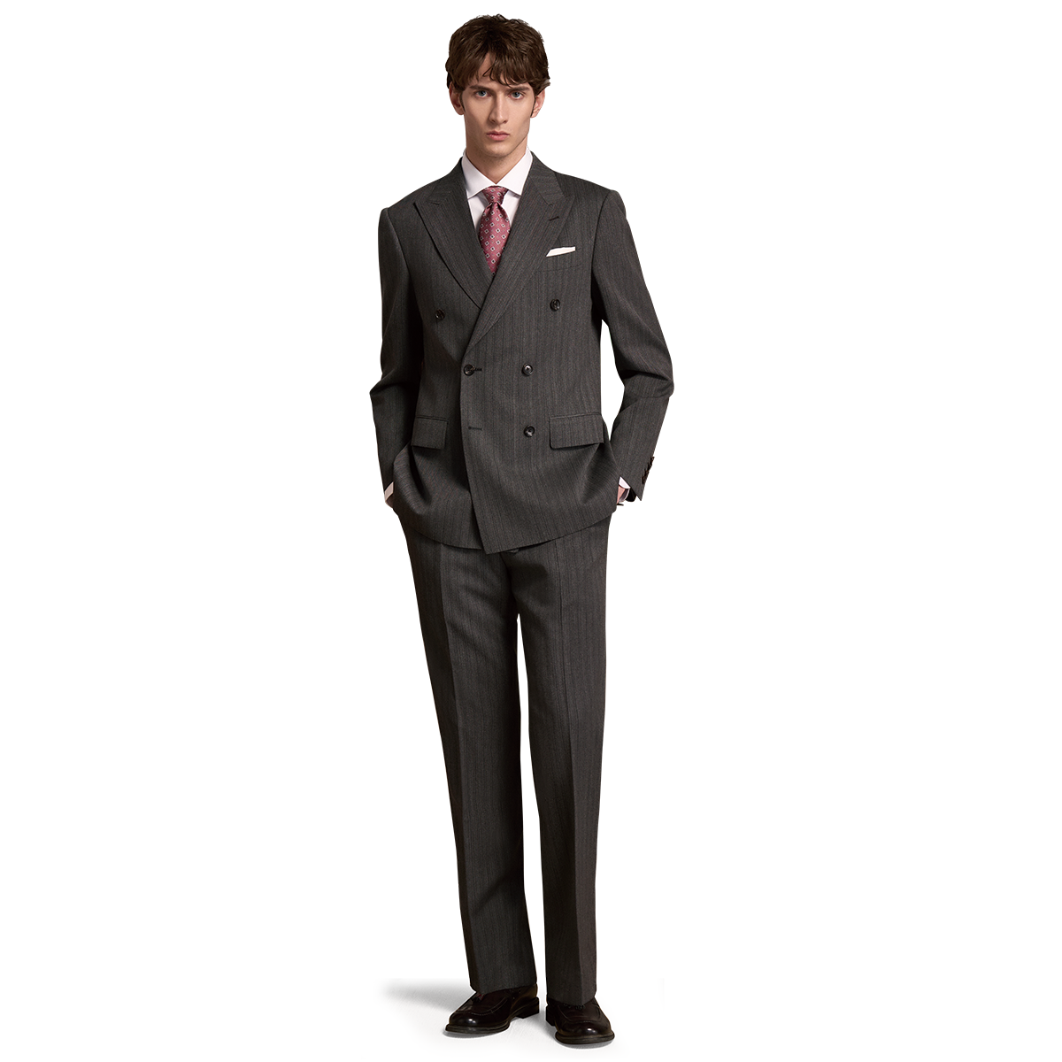 Gray Striped All‑Wool Double‑Breasted Two‑Piece Suit