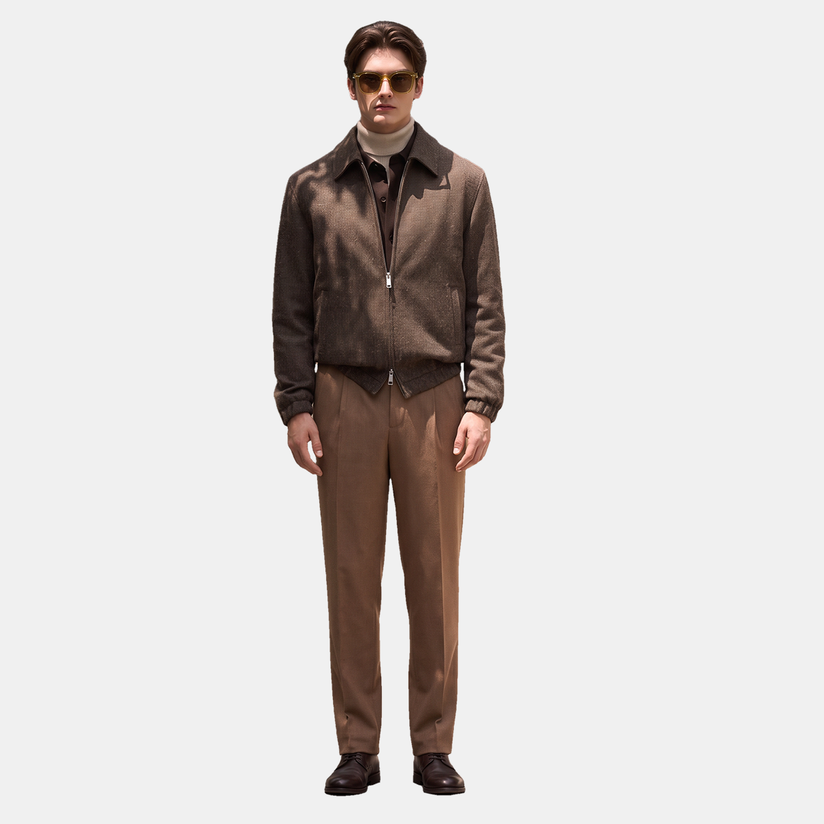 Dark Brown Wool Zip‑Up Turn‑Down Collar Jacket