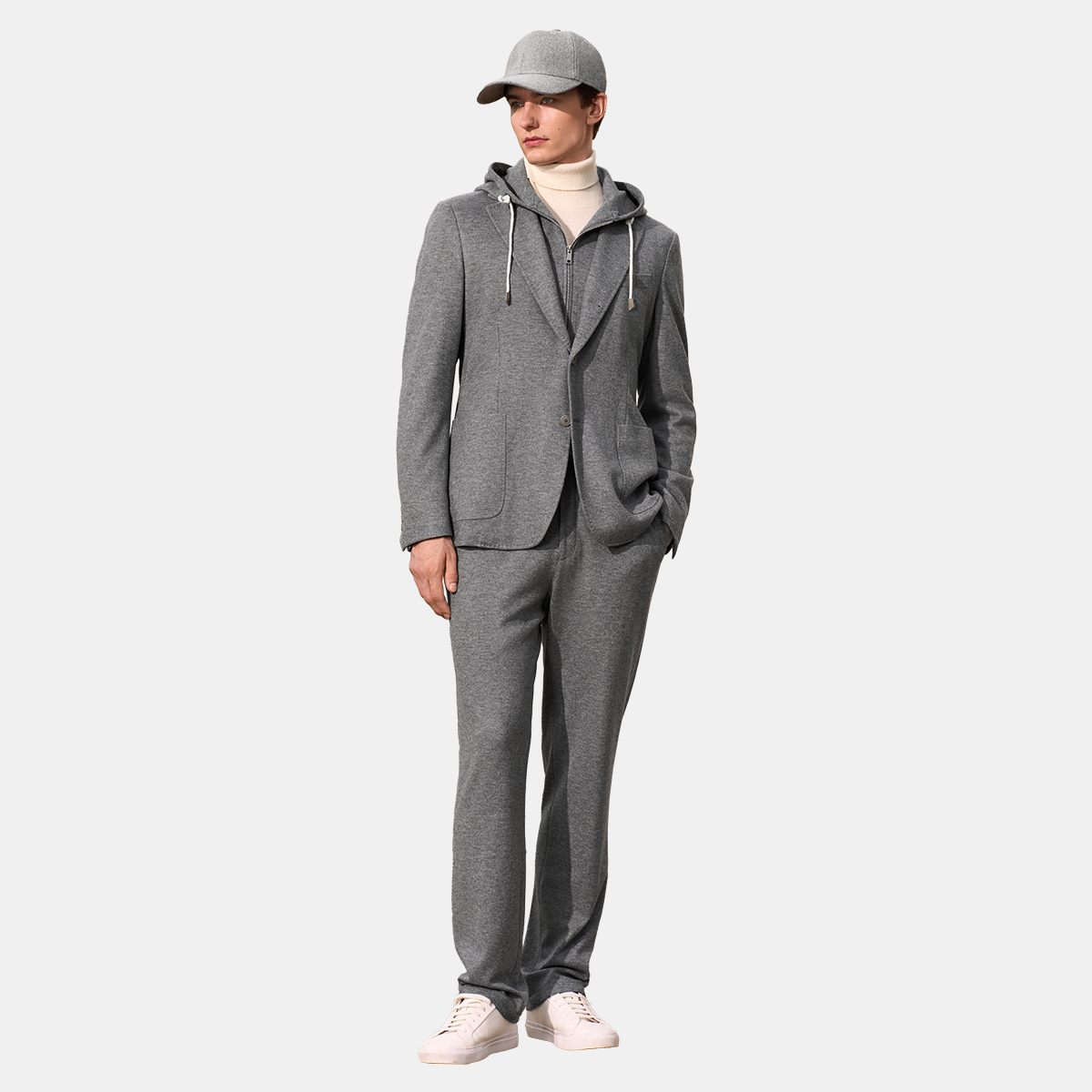 Gray Single‑Breasted Two‑Piece Suit with Detachable Hood