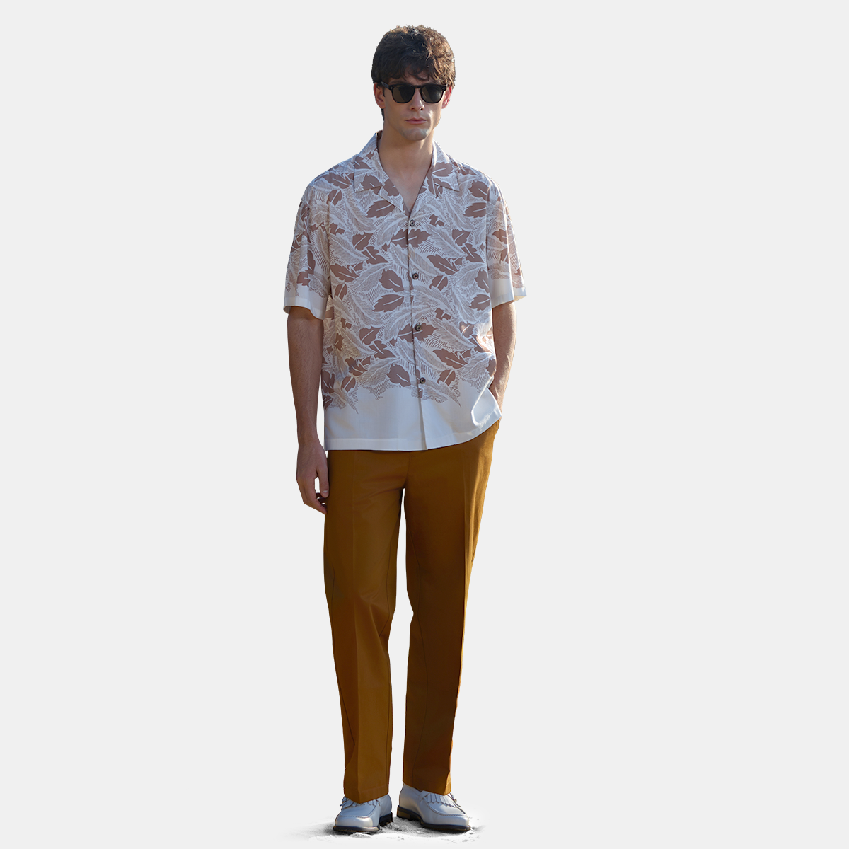 Brown Rayon‑Tencel Printed Cuban‑Collar Leisure Shirt