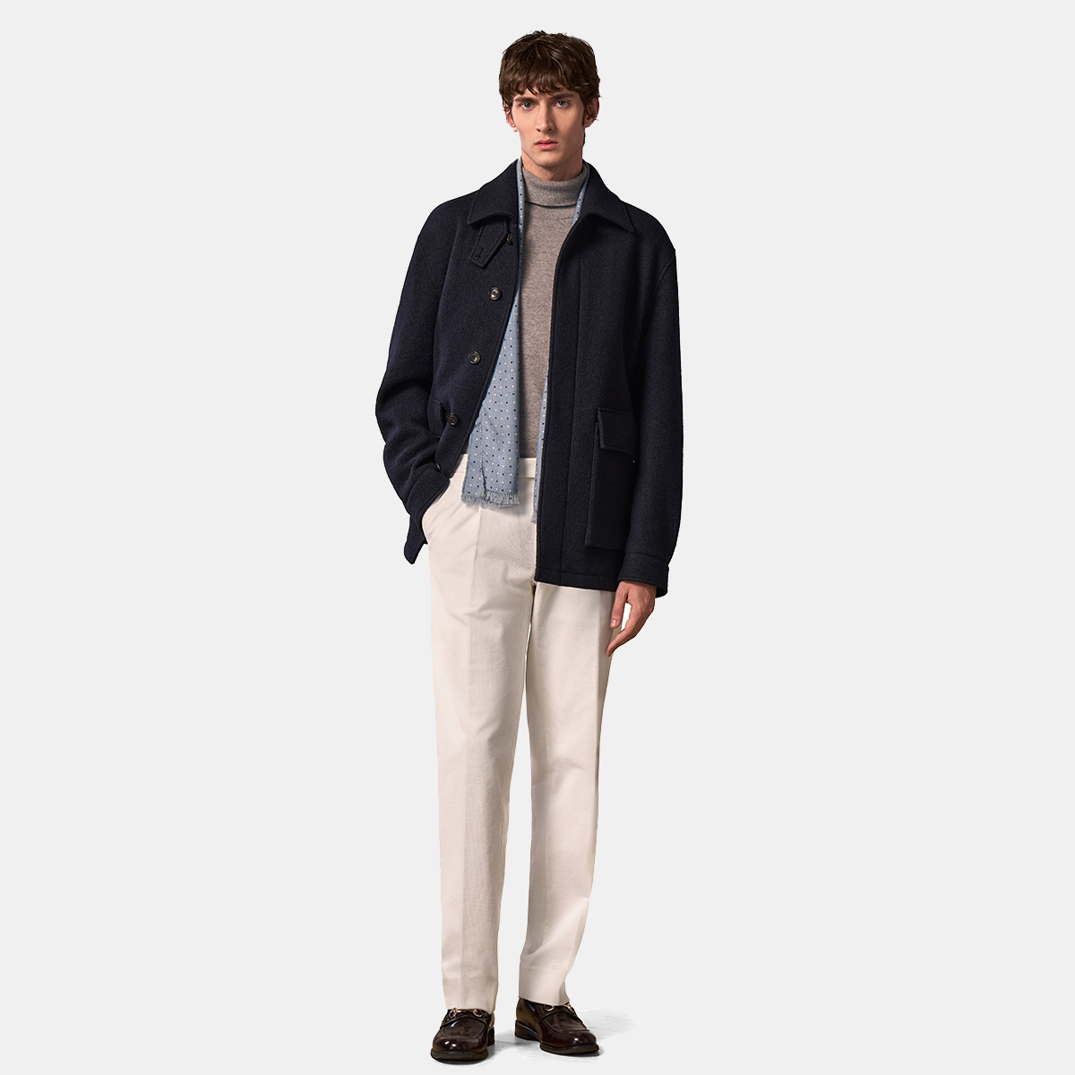 Navy Wool Fused 5‑Button Hidden‑Placket Jacket