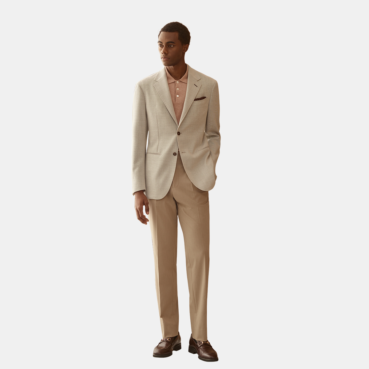 Beige Wool‑Spandex Single‑Pleated Blazer