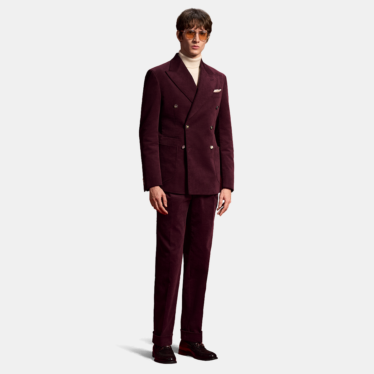 Burgundy Cotton‑Wool‑Elastane Fused Double‑Breasted Two‑Piece Suit