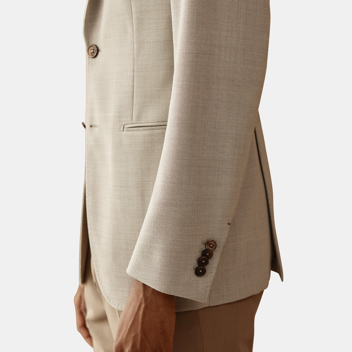 Beige Wool‑Spandex Single‑Pleated Blazer