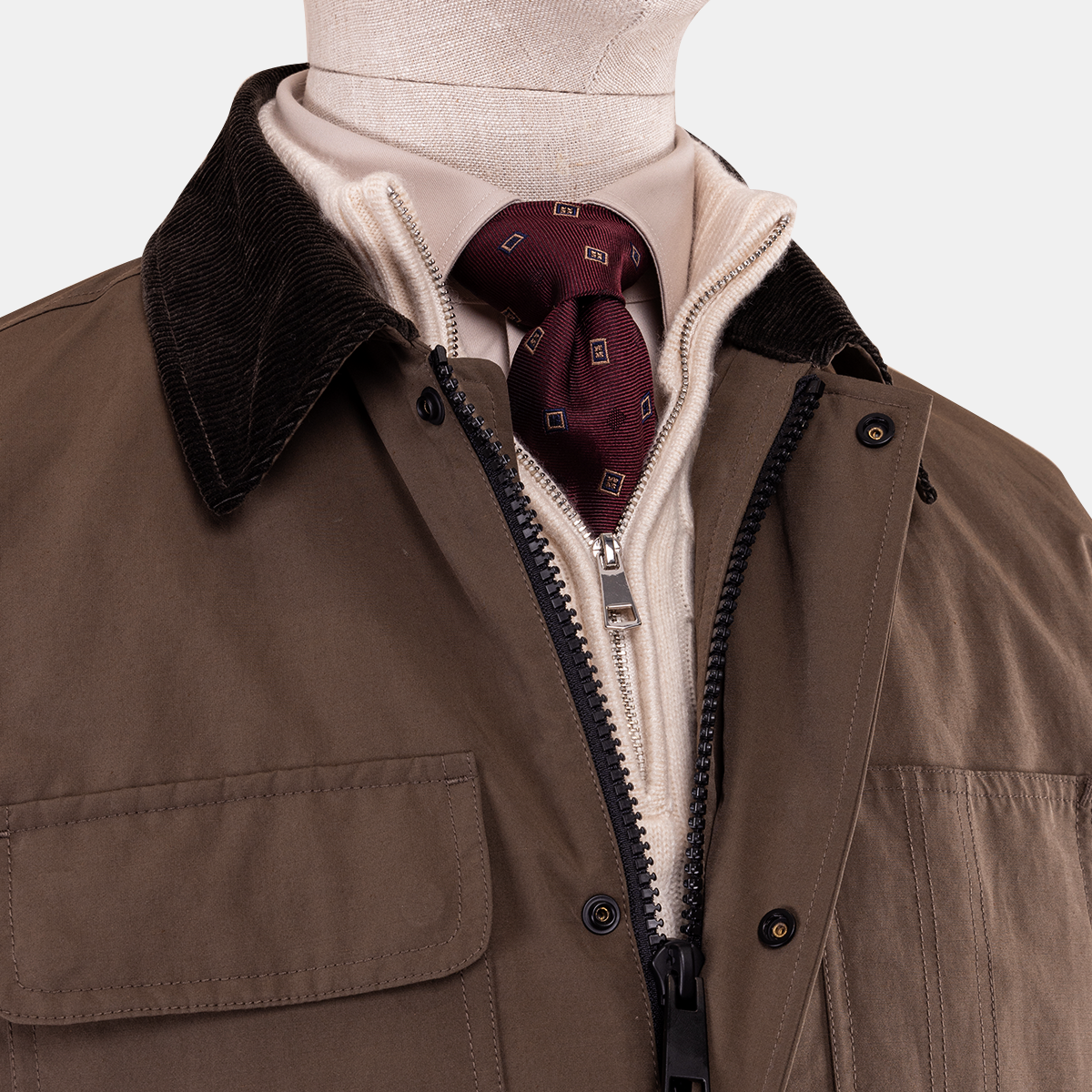 Brown Turn‑Down Collar with Center Zip Jacket