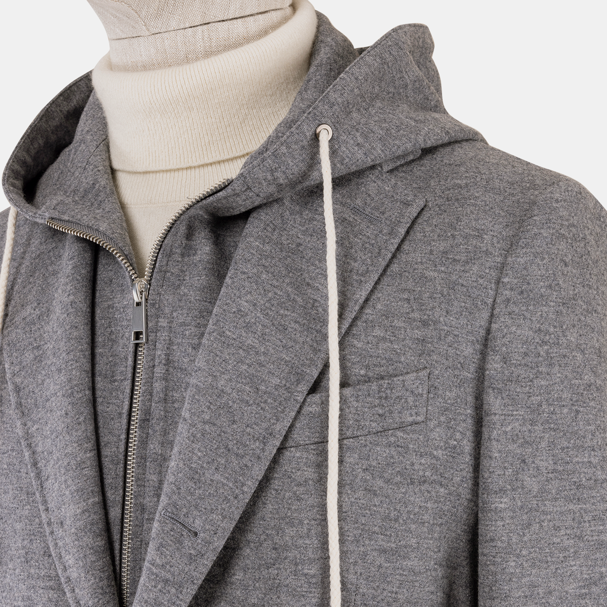 Gray Single‑Breasted Two‑Piece Suit with Detachable Hood