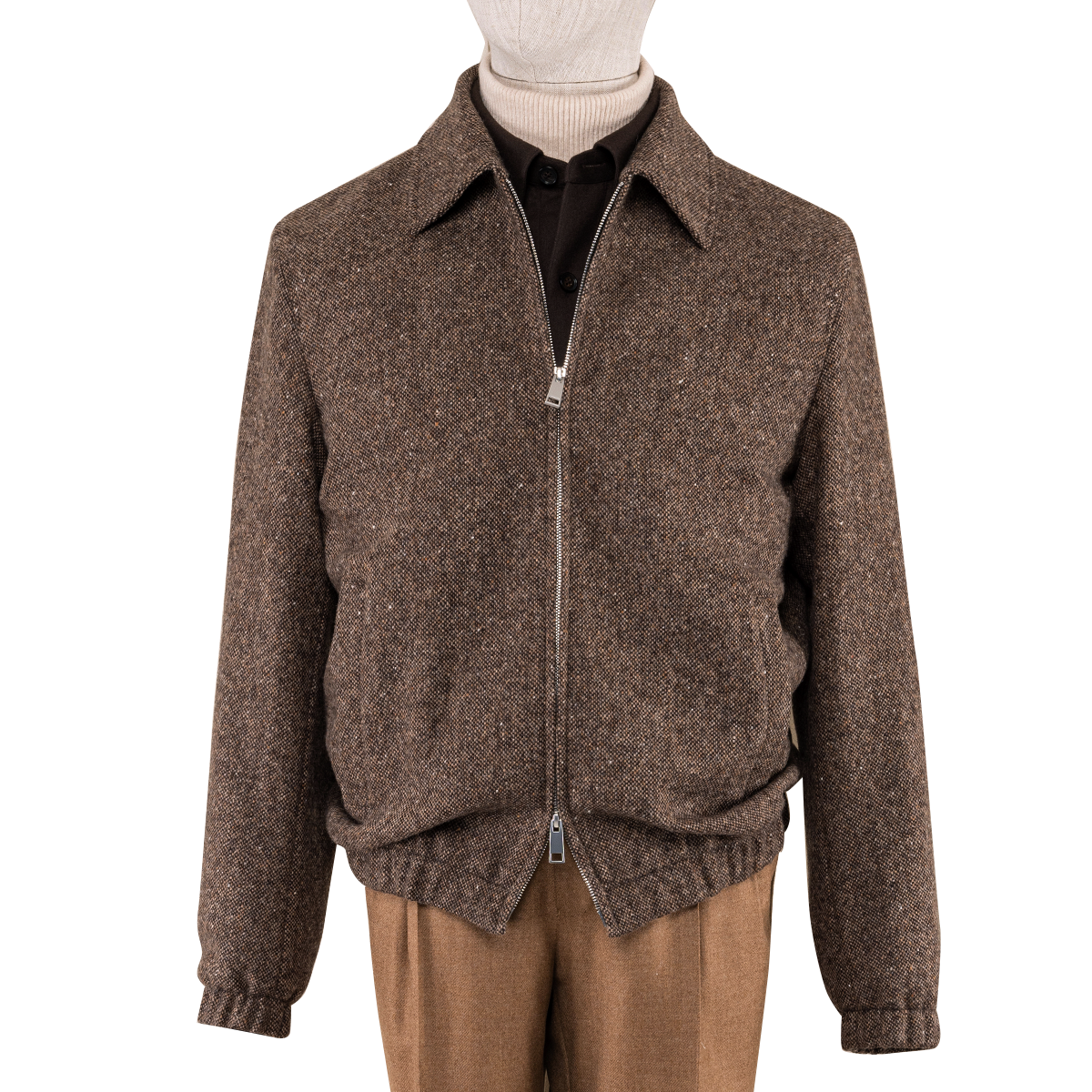 Dark Brown Wool Zip‑Up Turn‑Down Collar Jacket