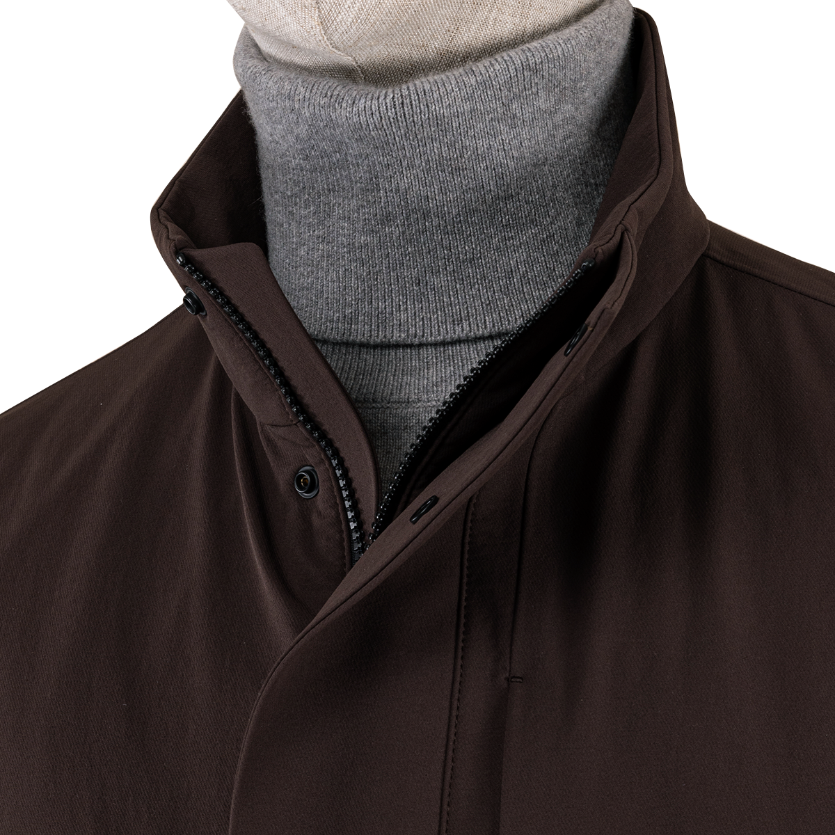 Dark Brown Hidden‑Placket Stand Collar Trench Coat