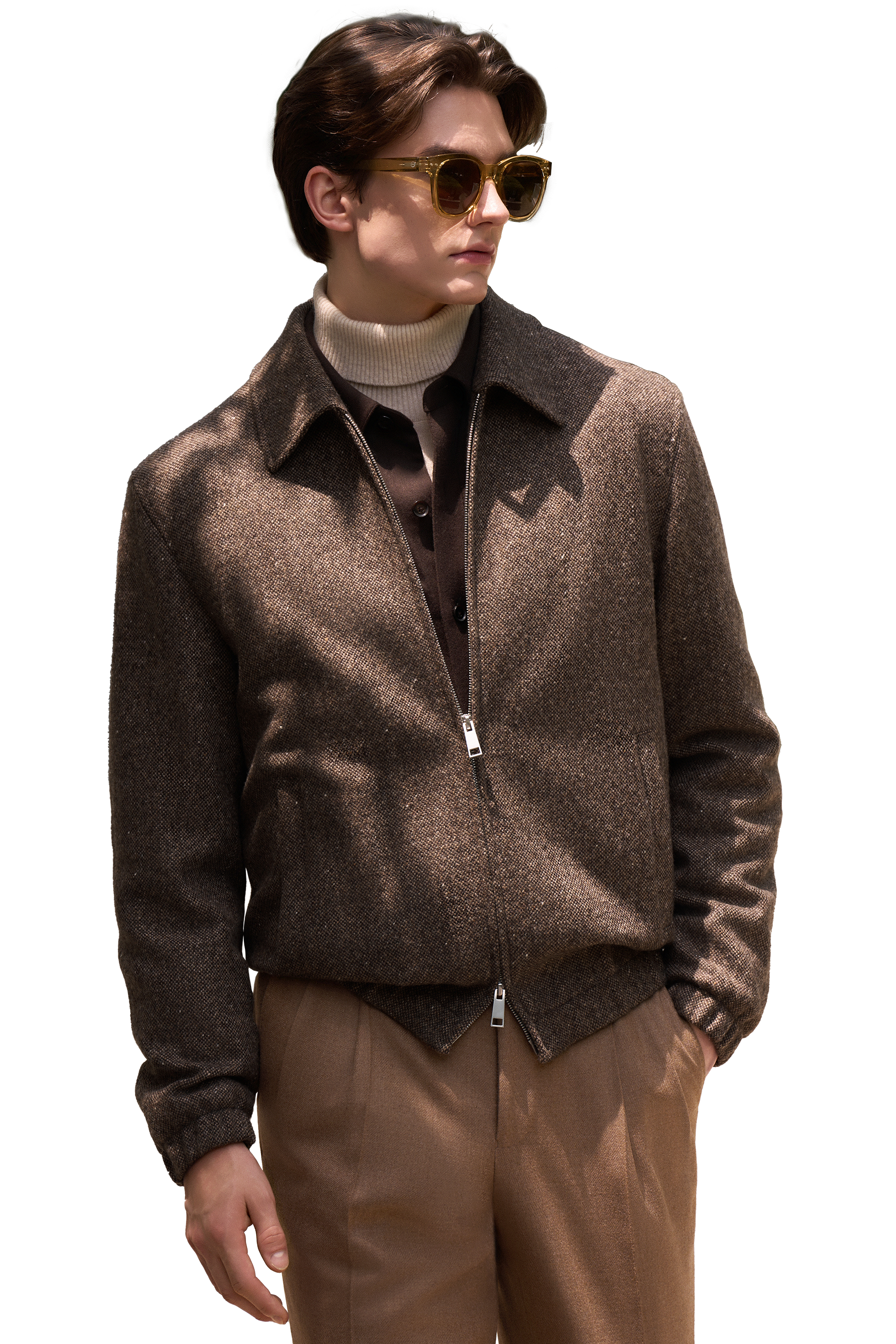 Dark Brown Wool Zip‑Up Turn‑Down Collar Jacket
