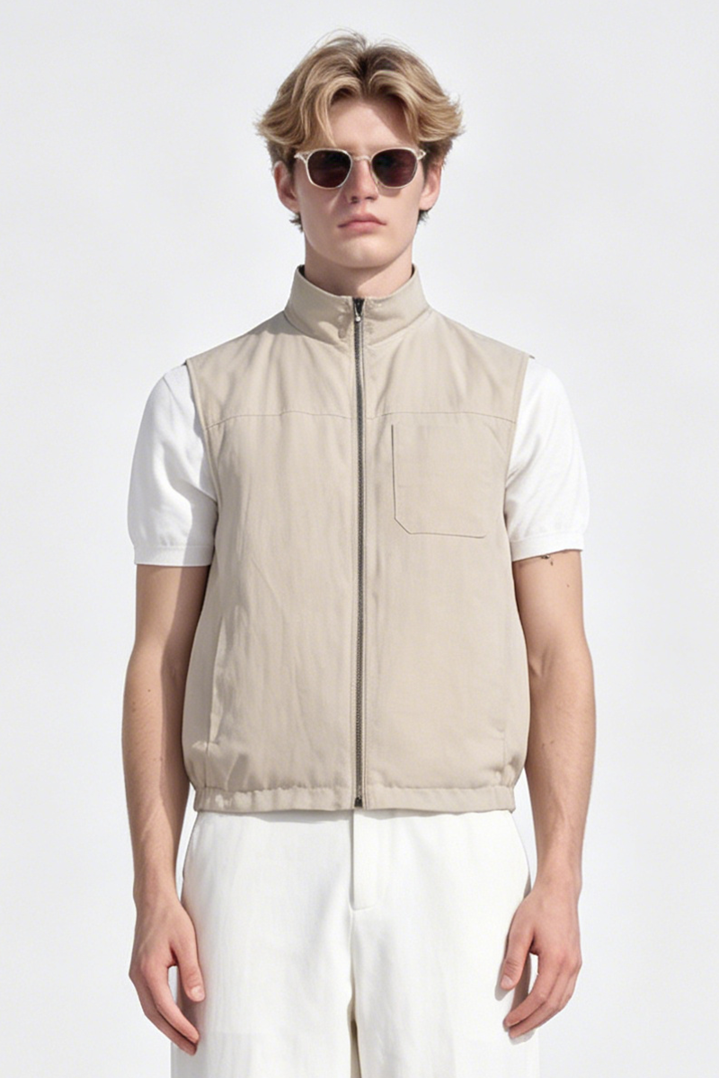 Brown Polyester‑Linen‑Cotton Hidden‑Button Commute Jacket