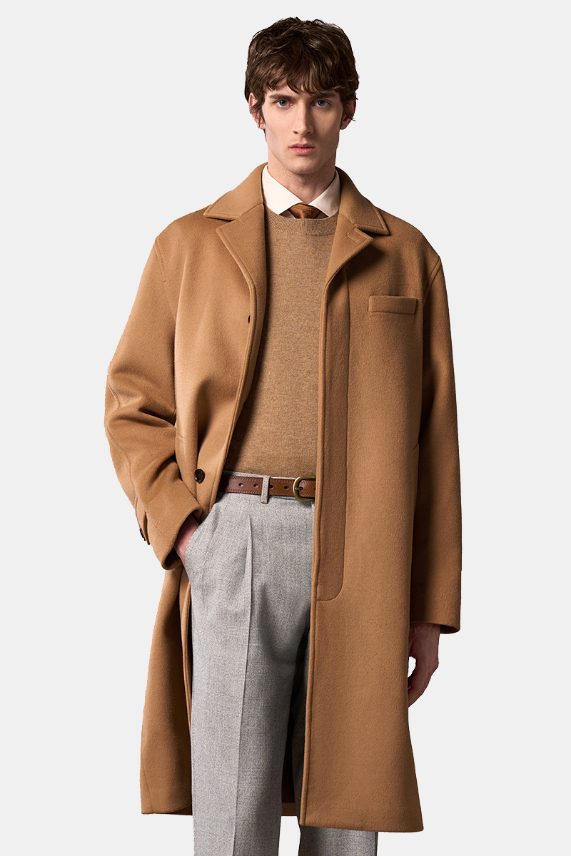 Brown Wool Fused 4‑Button Hidden‑Placket Single‑Breasted Overcoat