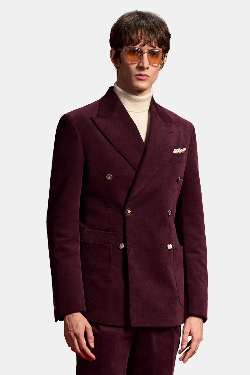 Burgundy Cotton‑Wool‑Elastane Fused Double‑Breasted Two‑Piece Suit