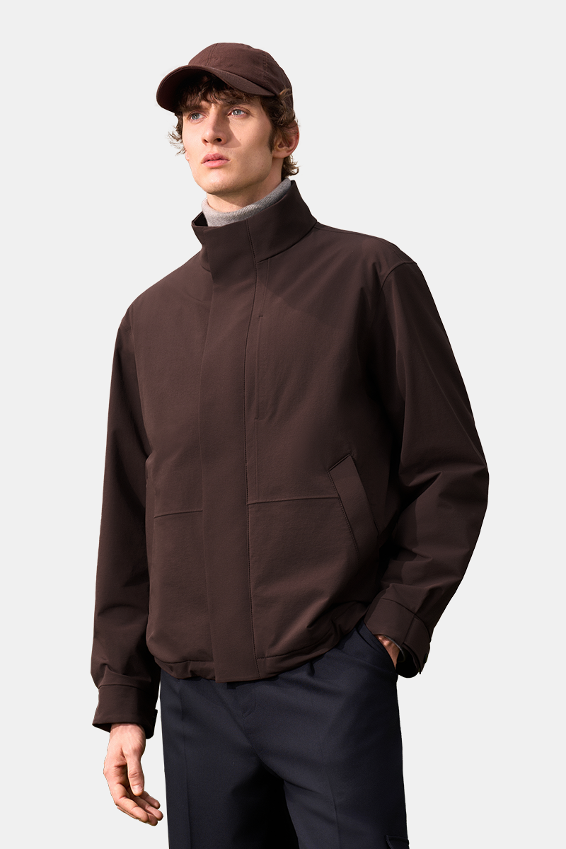 Dark Brown Hidden‑Placket Stand Collar Trench Coat