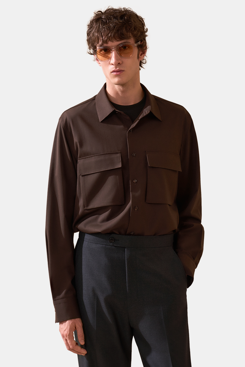 Dark Brown 5‑Button 7cm Point Collar Shirt