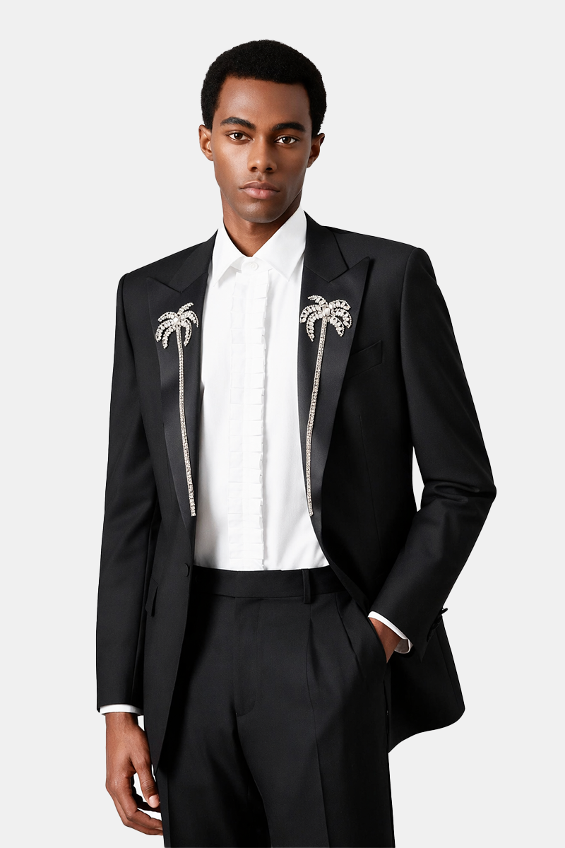 Black Hand‑Beaded Pure‑Wool Half‑Canvas Luxury‑Groom Two‑Piece Suit