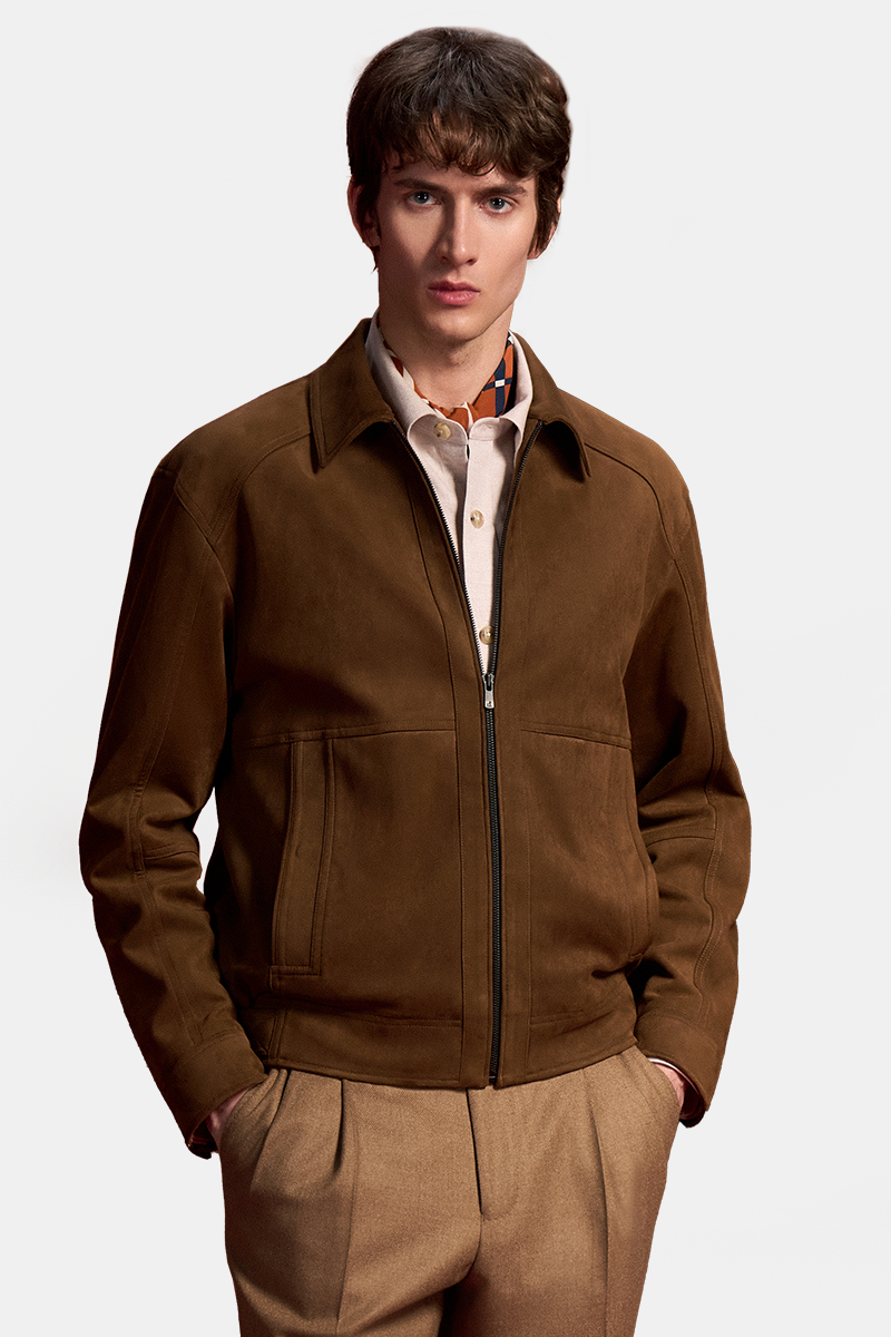 Dark Brown Polyester‑Elastane Exposed‑Teeth Center‑Zip Jacket