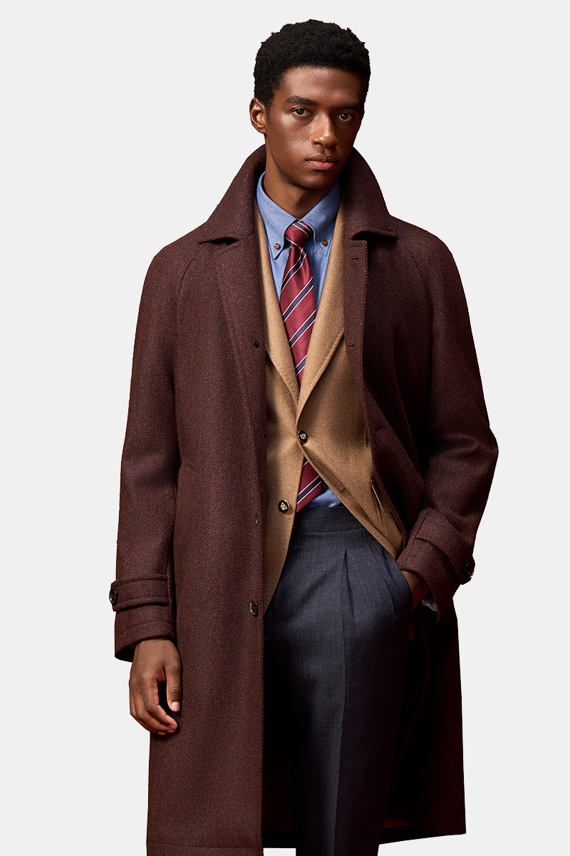 Dark Brown Wool‑Wool‑Silk Fused 5‑Button Exposed‑Placket Overcoat