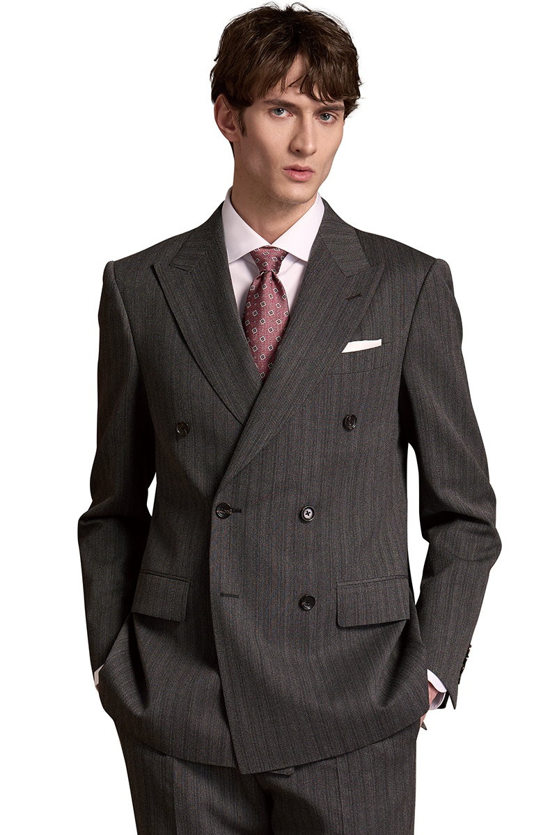 Gray Striped All‑Wool Double‑Breasted Two‑Piece Suit