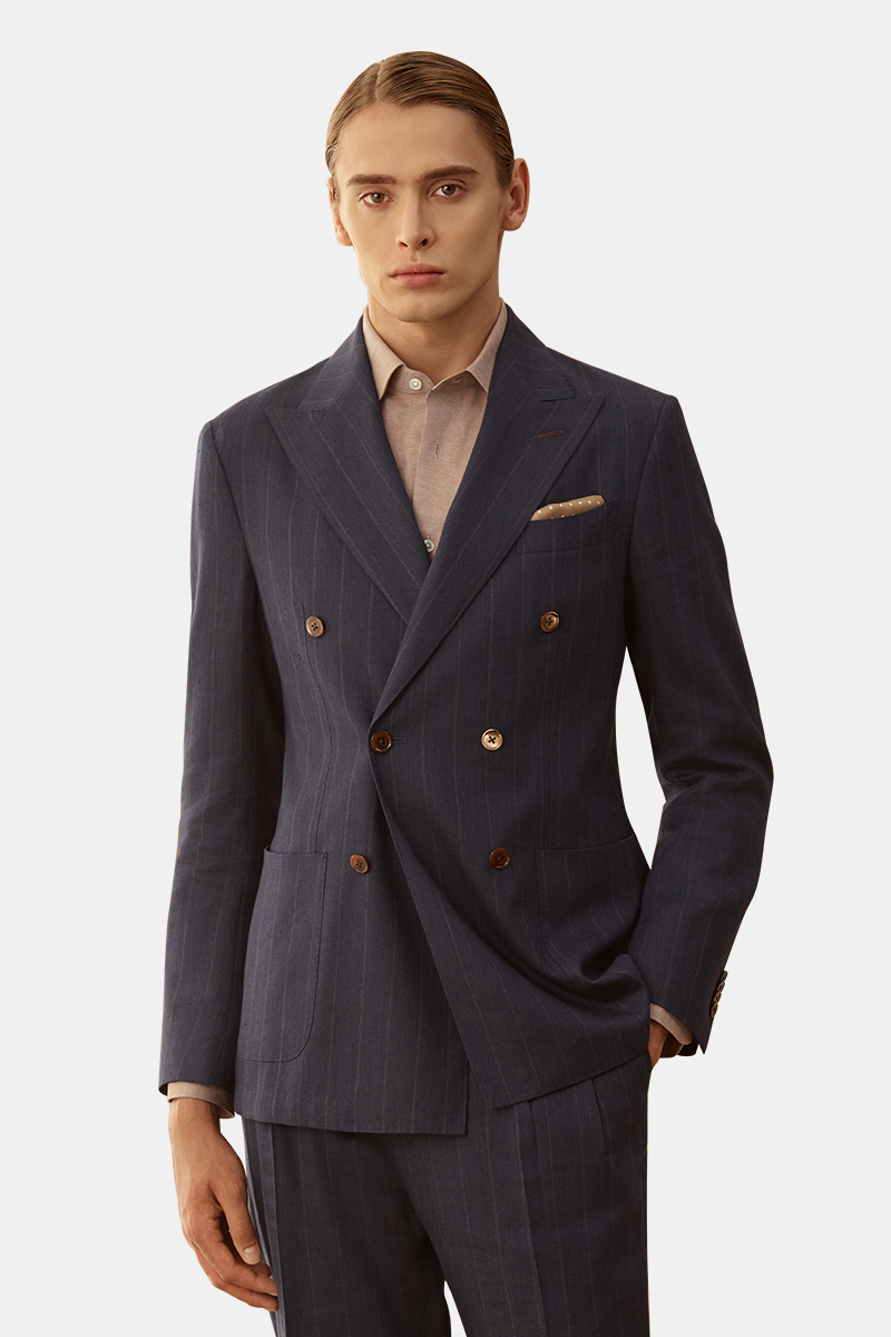 Navy Linen‑Wool Shadow Stripe Two‑Piece Suit
