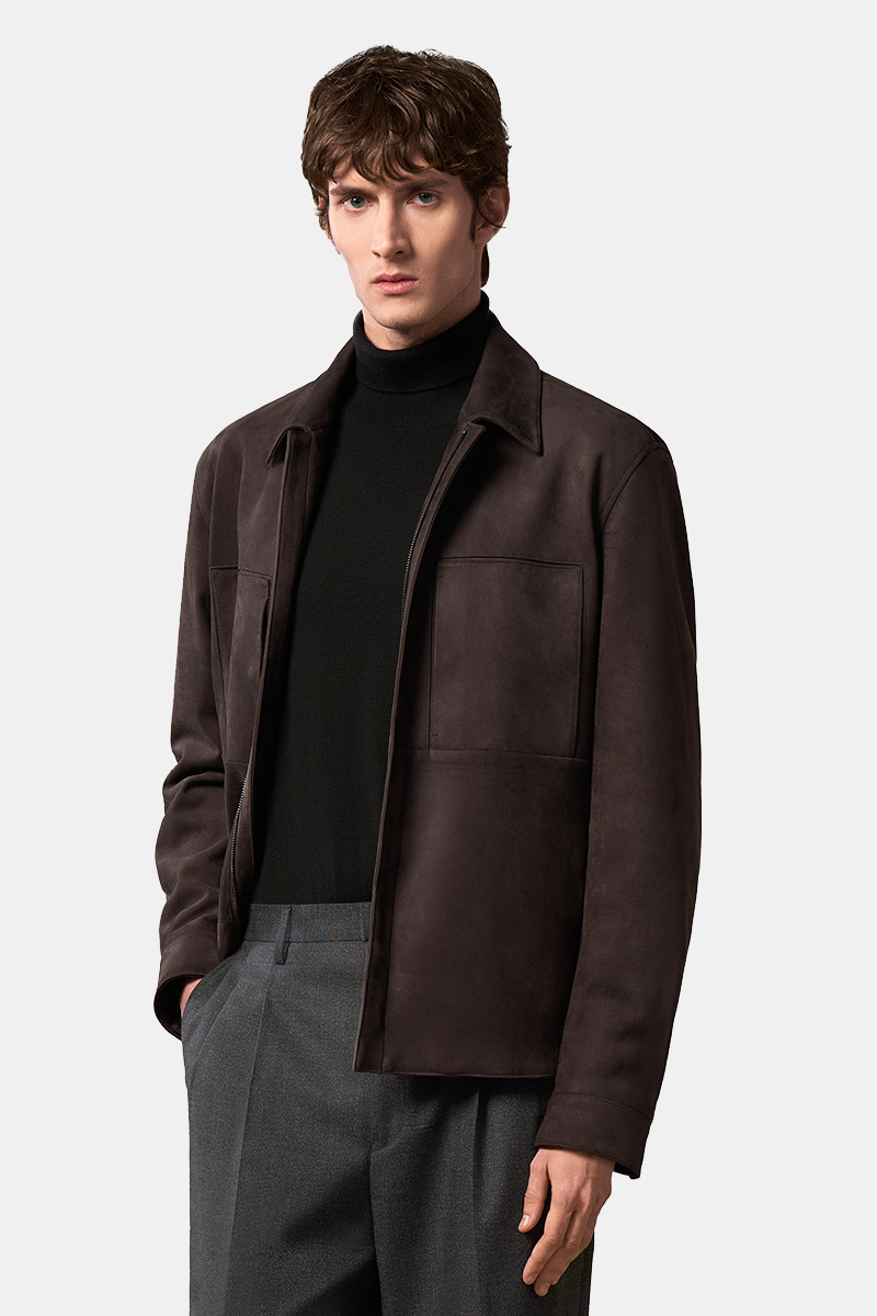 Dark Brown Polyester‑Elastane Hidden‑Zip Placket Jacket