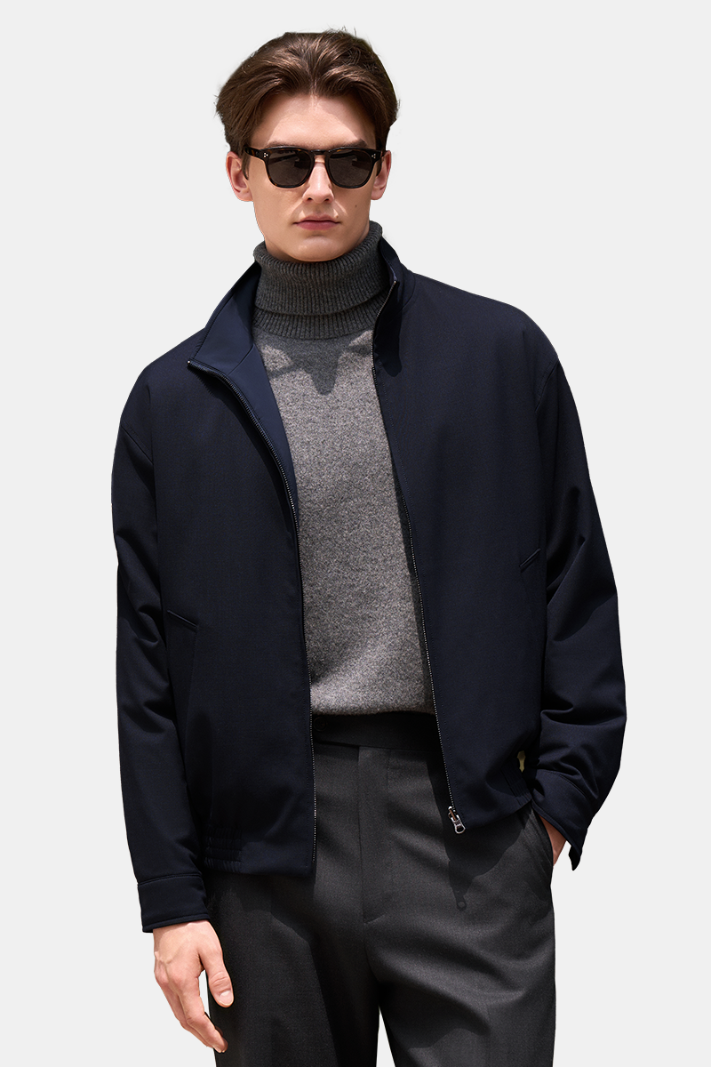 Navy Covered‑Zip Stand Collar Jacket