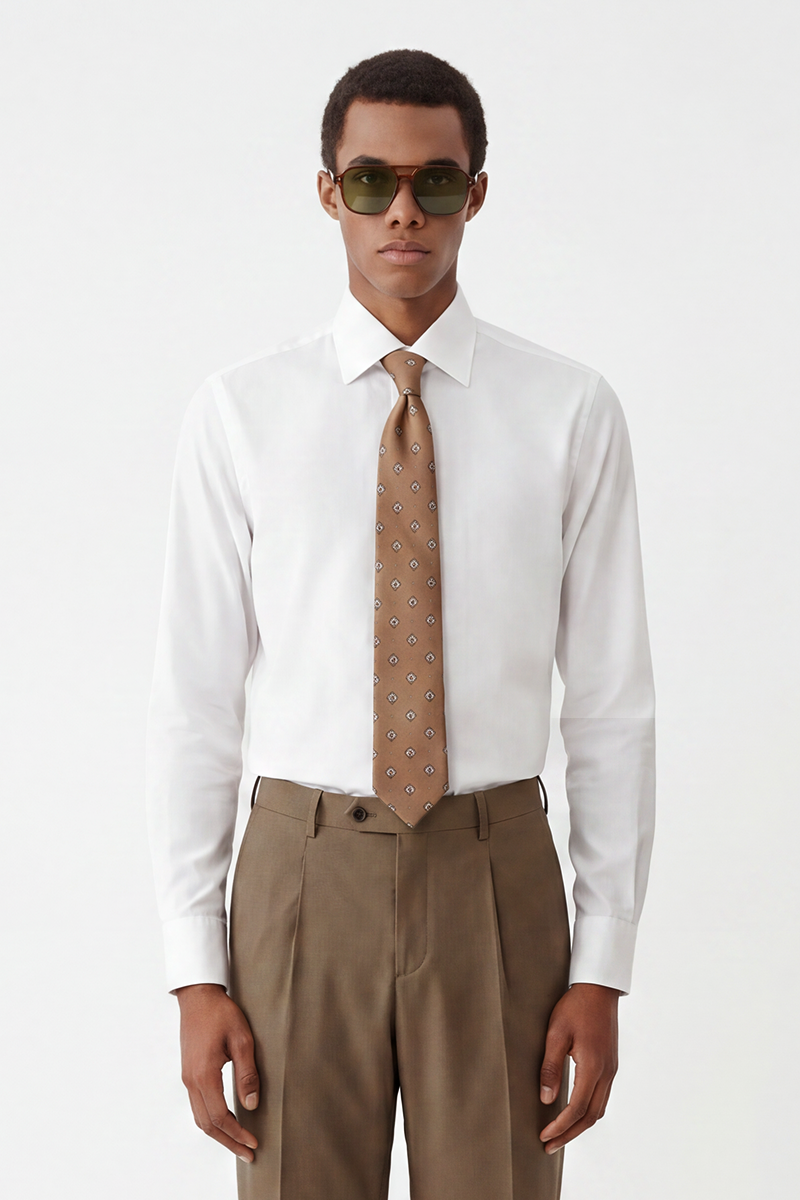 White Silk‑Blend Spread‑Collar Men's Shirt
