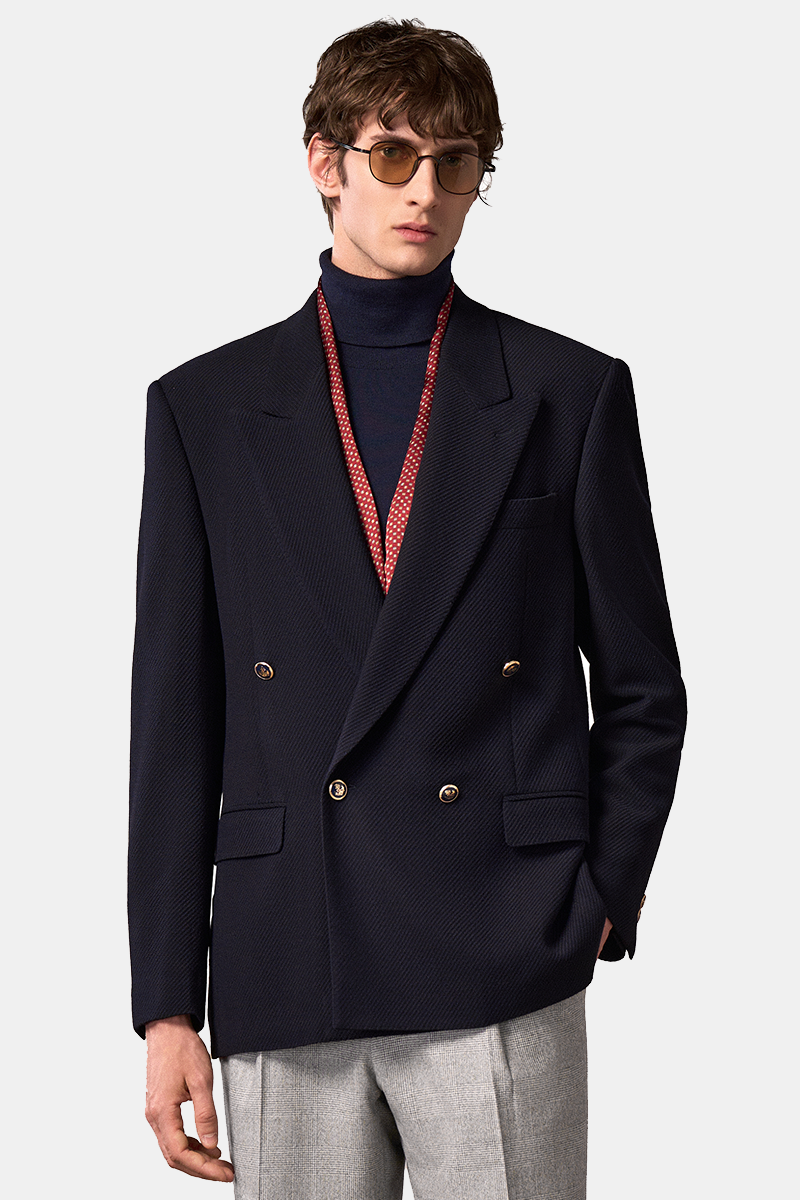 Navy Wool‑Polyamide‑Elastane Fused Double‑Breasted Blazer