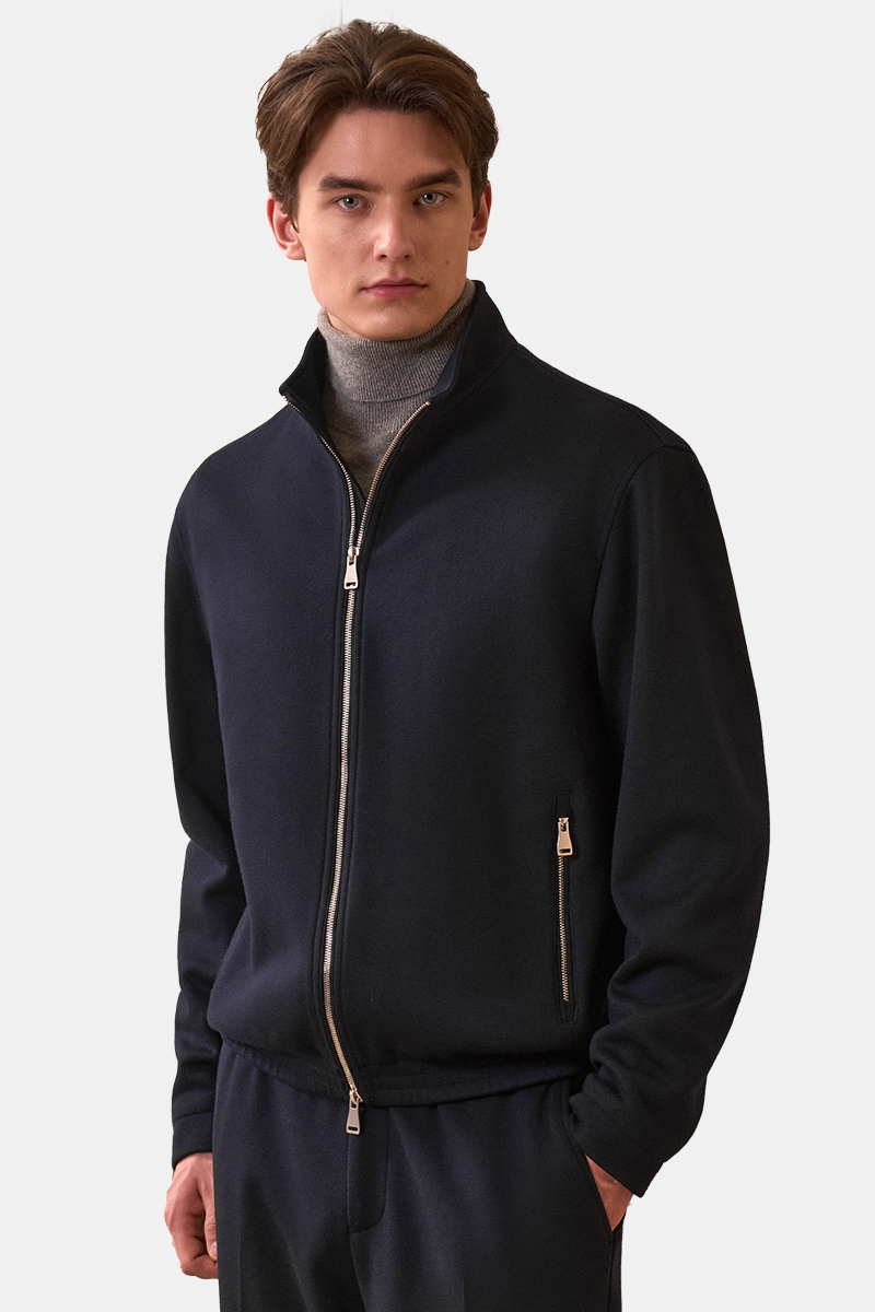 Navy Stand‑Collar with Exposed‑Teeth Center Zip Two-Piece Suit