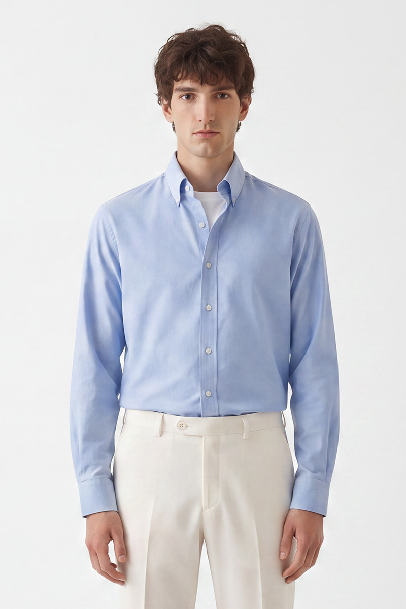 Blue Pure‑Cotton Frog‑Button Men's Shirt