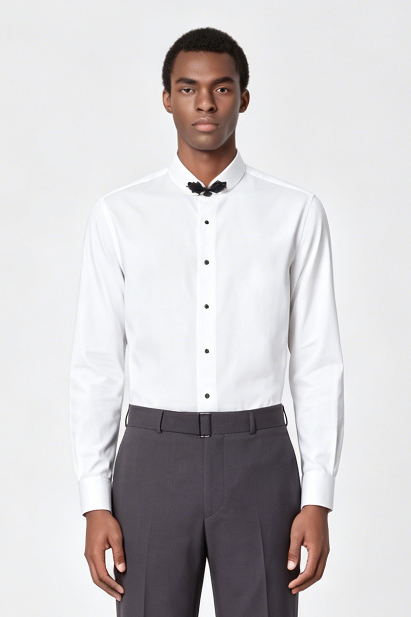 White Easy‑Care Frog‑Button Stand‑Collar Wedding Men's Shirt