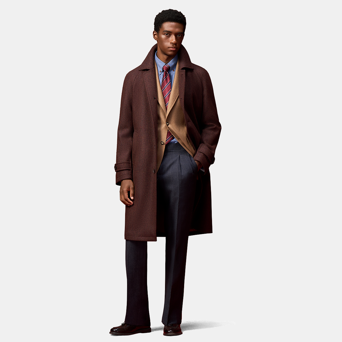 Dark Brown Wool‑Wool‑Silk Fused 5‑Button Exposed‑Placket Overcoat